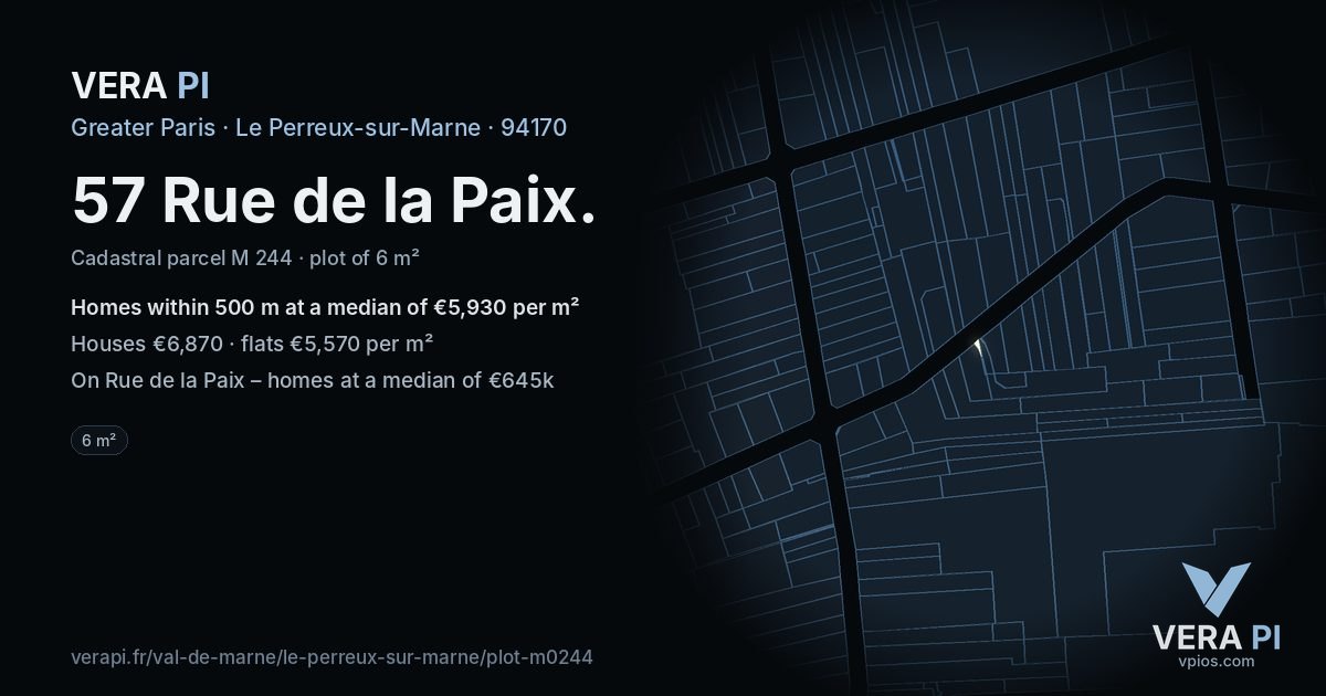57 Rue de la Paix, Le Perreux-sur-Marne at night – the plot lit, the parcels around coloured by the prices near them