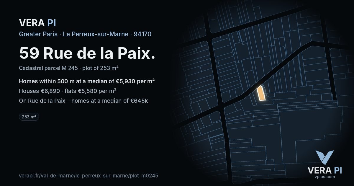 59 Rue de la Paix, Le Perreux-sur-Marne at night – the plot lit, the parcels around coloured by the prices near them