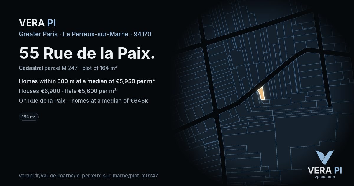 55 Rue de la Paix, Le Perreux-sur-Marne at night – the plot lit, the parcels around coloured by the prices near them