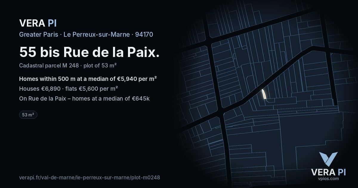 55 bis Rue de la Paix, Le Perreux-sur-Marne at night – the plot lit, the parcels around coloured by the prices near them