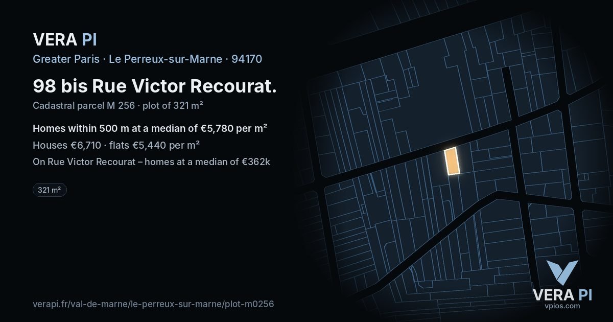 98 bis Rue Victor Recourat, Le Perreux-sur-Marne at night – the plot lit, the parcels around coloured by the prices near them