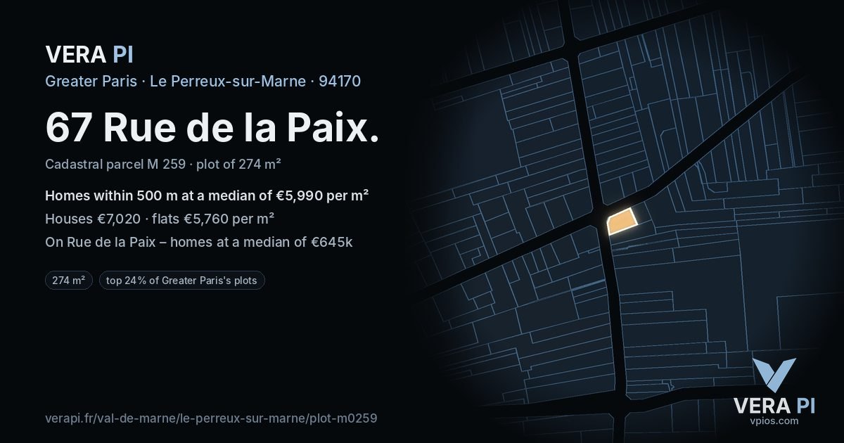 67 Rue de la Paix, Le Perreux-sur-Marne at night – the plot lit, the parcels around coloured by the prices near them