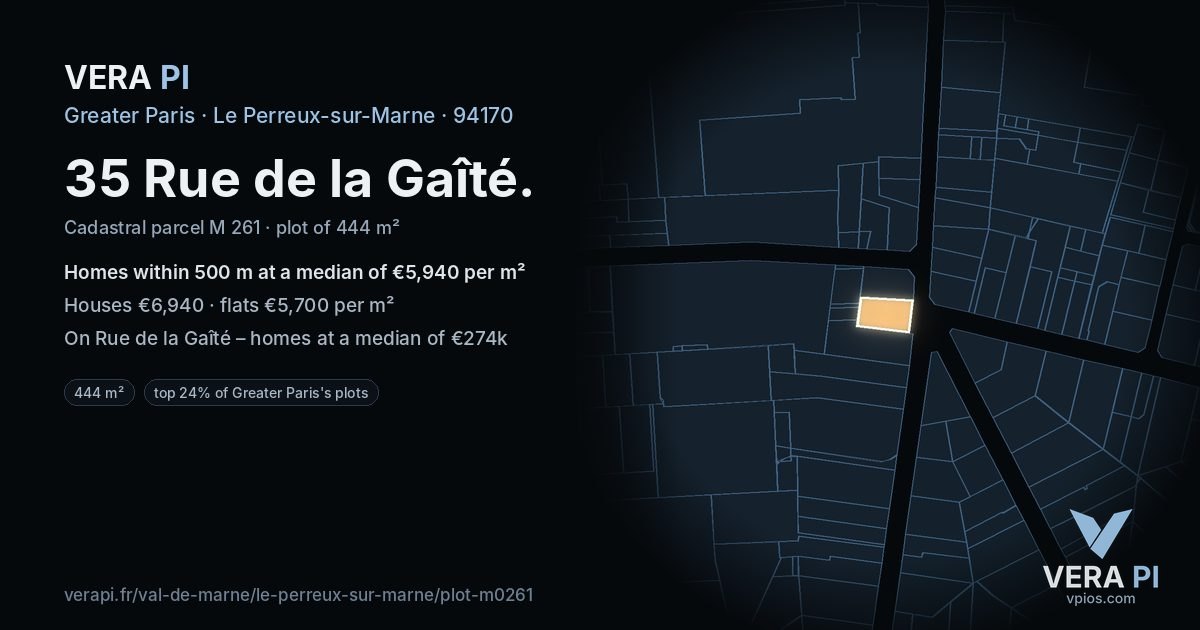 35 Rue de la Gaîté, Le Perreux-sur-Marne at night – the plot lit, the parcels around coloured by the prices near them