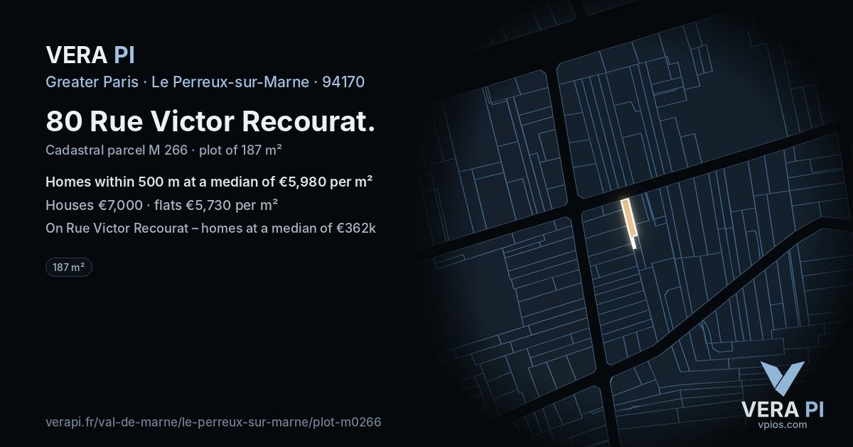 80 Rue Victor Recourat, Le Perreux-sur-Marne at night – the plot lit, the parcels around coloured by the prices near them