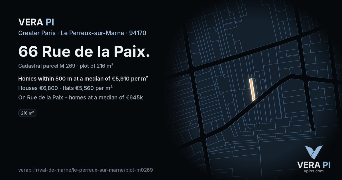66 Rue de la Paix, Le Perreux-sur-Marne at night – the plot lit, the parcels around coloured by the prices near them