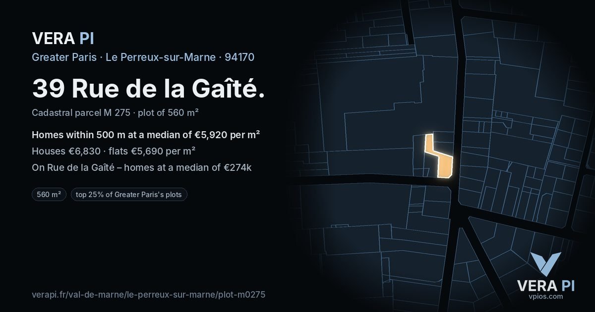 39 Rue de la Gaîté, Le Perreux-sur-Marne at night – the plot lit, the parcels around coloured by the prices near them