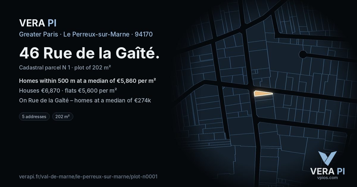 46 Rue de la Gaîté, Le Perreux-sur-Marne at night – the plot lit, the parcels around coloured by the prices near them