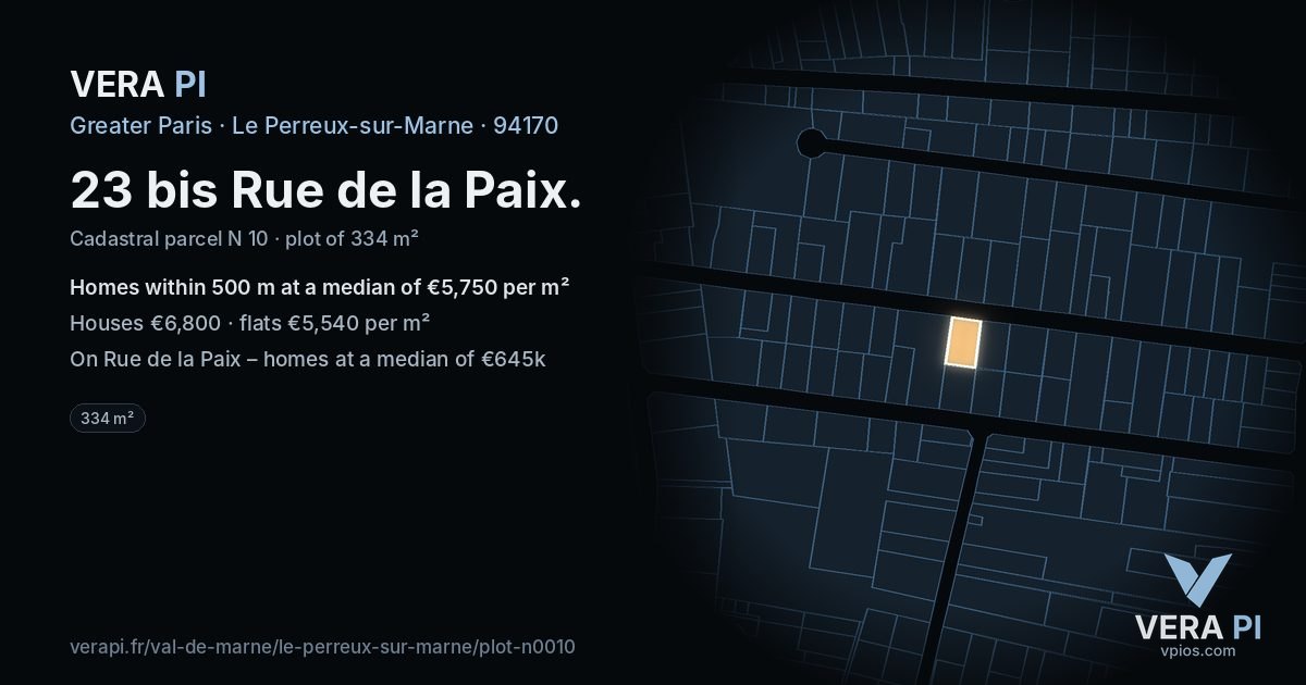 23 bis Rue de la Paix, Le Perreux-sur-Marne at night – the plot lit, the parcels around coloured by the prices near them