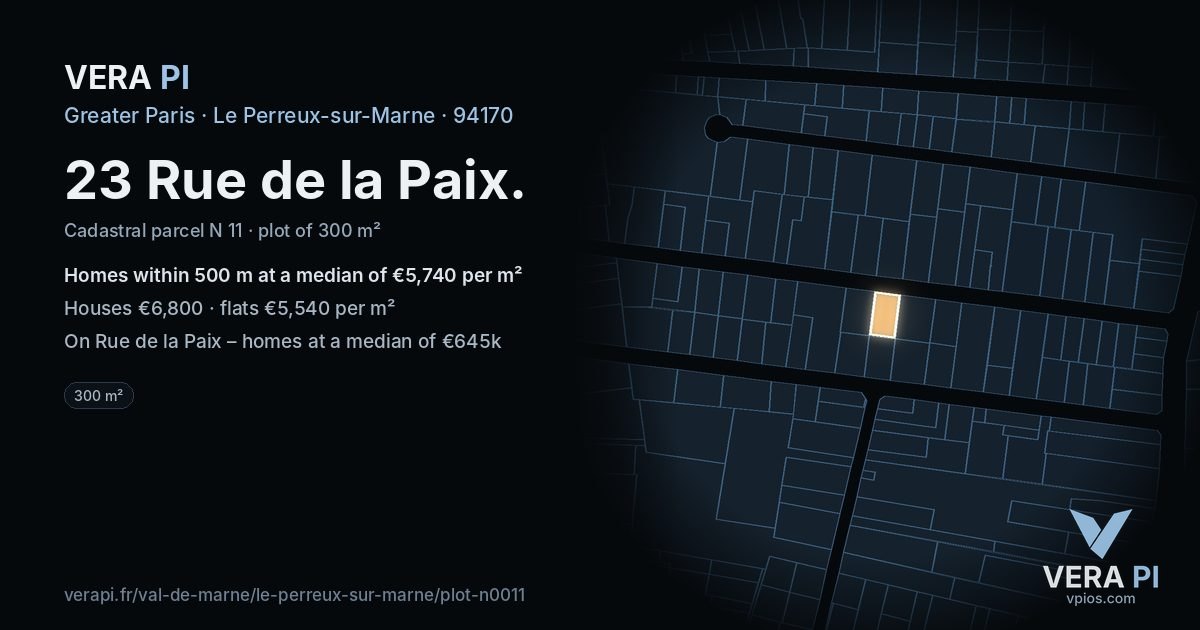23 Rue de la Paix, Le Perreux-sur-Marne at night – the plot lit, the parcels around coloured by the prices near them