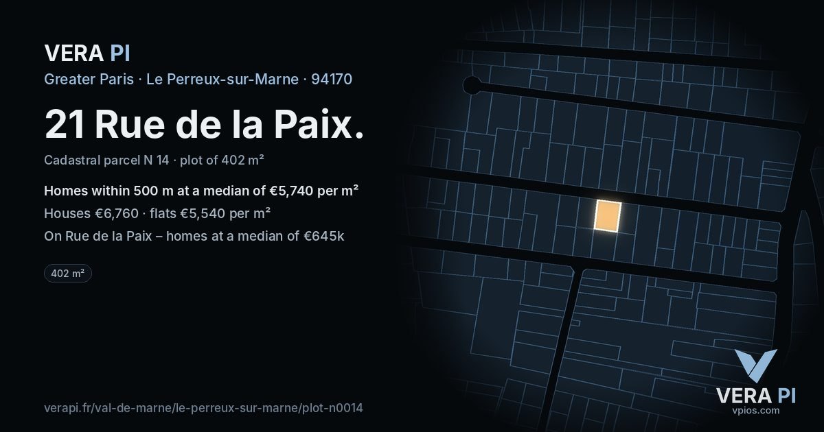 21 Rue de la Paix, Le Perreux-sur-Marne at night – the plot lit, the parcels around coloured by the prices near them