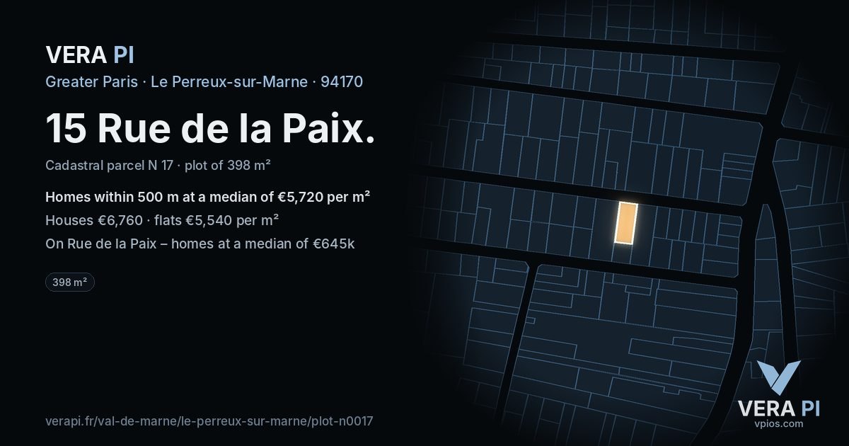 15 Rue de la Paix, Le Perreux-sur-Marne at night – the plot lit, the parcels around coloured by the prices near them