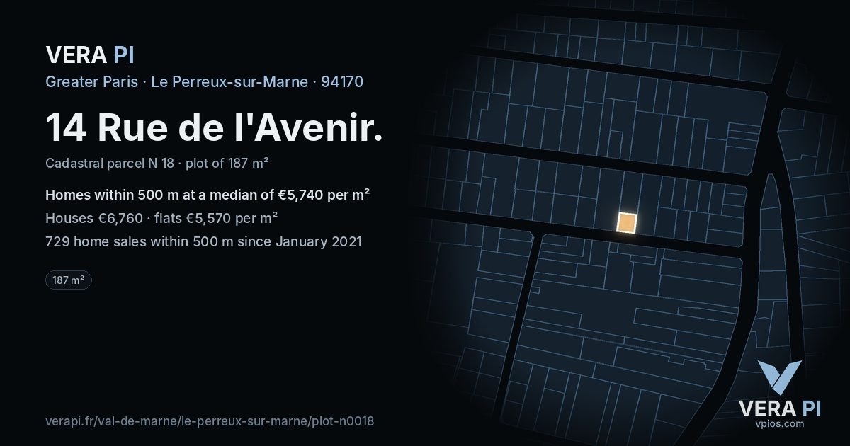 14 Rue de l'Avenir, Le Perreux-sur-Marne at night – the plot lit, the parcels around coloured by the prices near them