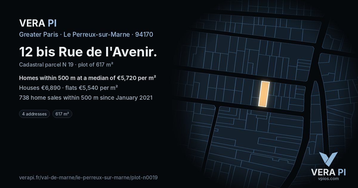 12 bis Rue de l'Avenir, Le Perreux-sur-Marne at night – the plot lit, the parcels around coloured by the prices near them