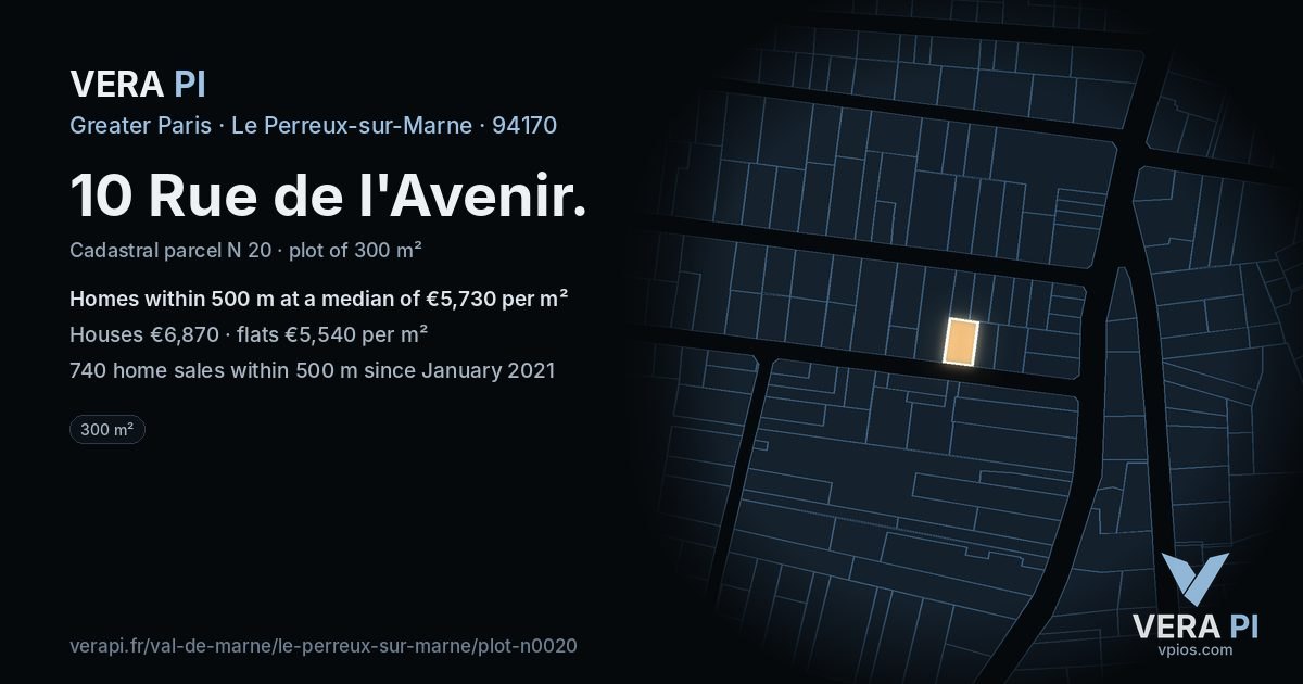 10 Rue de l'Avenir, Le Perreux-sur-Marne at night – the plot lit, the parcels around coloured by the prices near them