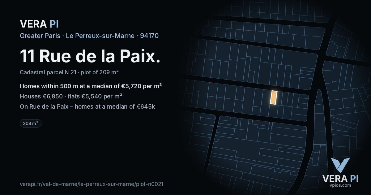 11 Rue de la Paix, Le Perreux-sur-Marne at night – the plot lit, the parcels around coloured by the prices near them