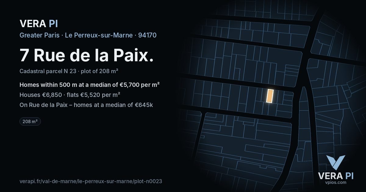 7 Rue de la Paix, Le Perreux-sur-Marne at night – the plot lit, the parcels around coloured by the prices near them