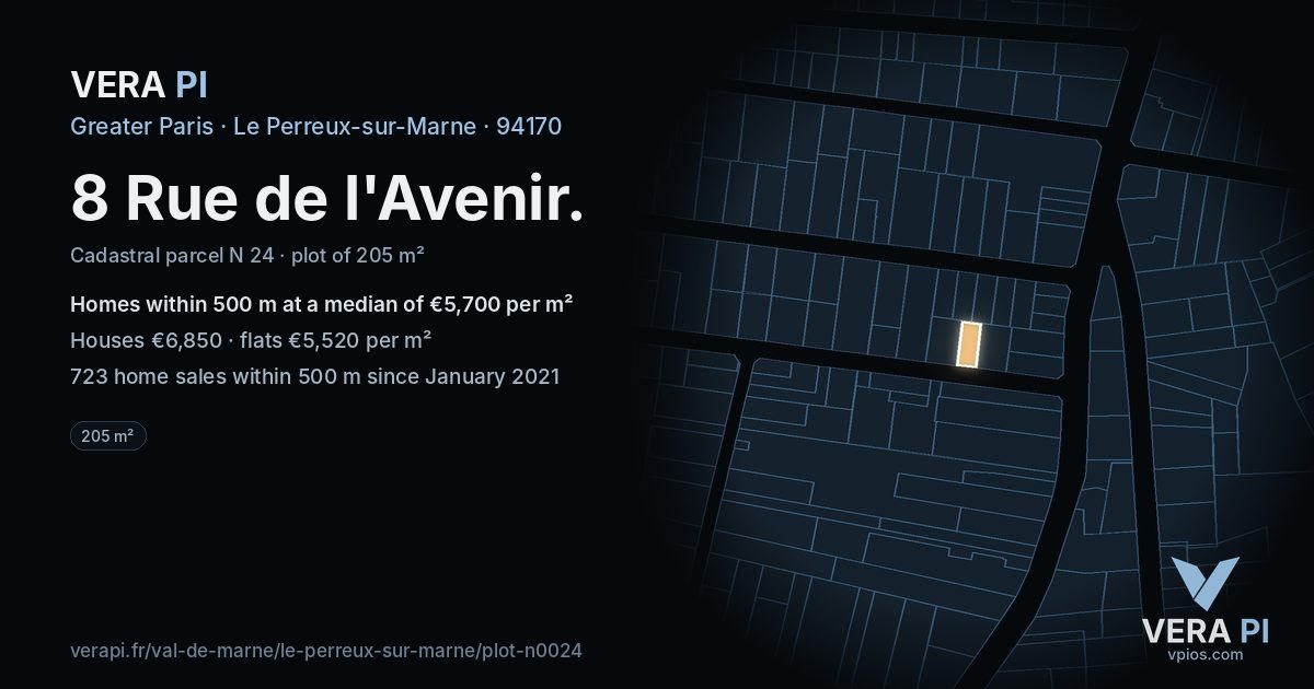 8 Rue de l'Avenir, Le Perreux-sur-Marne at night – the plot lit, the parcels around coloured by the prices near them