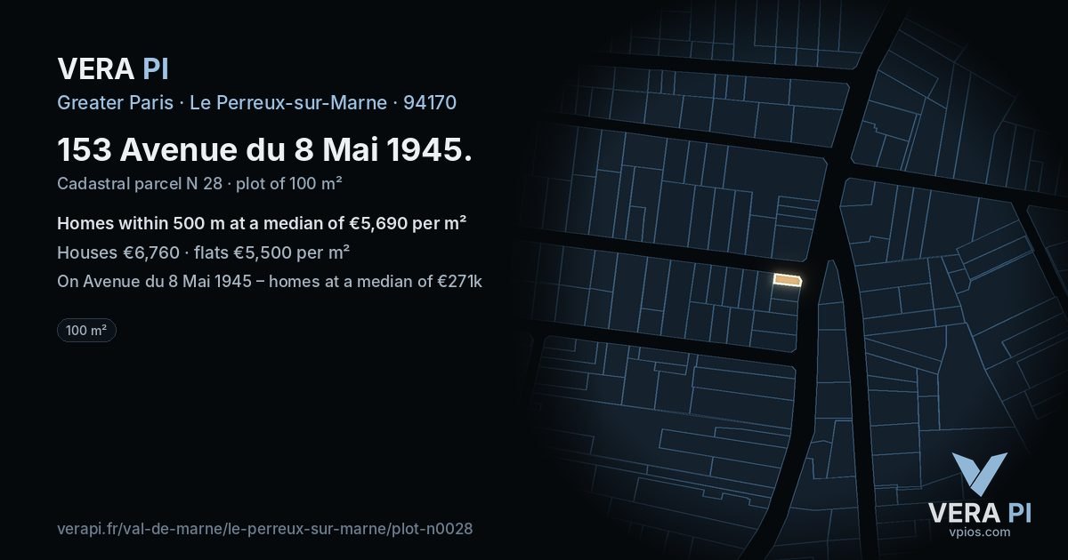 153 Avenue du 8 Mai 1945, Le Perreux-sur-Marne at night – the plot lit, the parcels around coloured by the prices near them