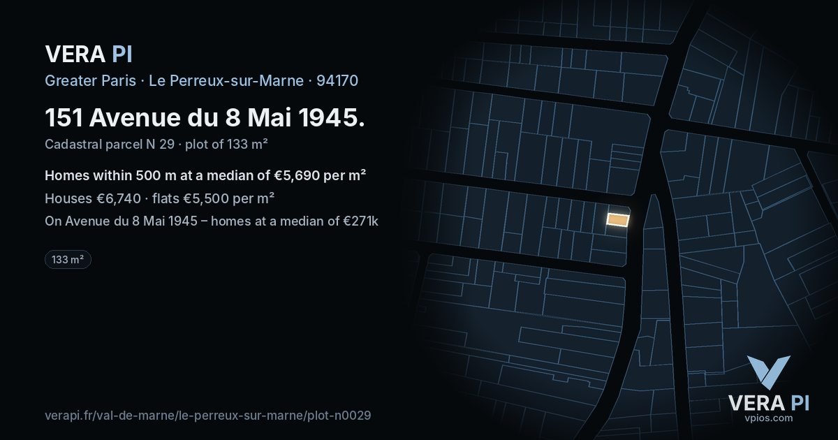 151 Avenue du 8 Mai 1945, Le Perreux-sur-Marne at night – the plot lit, the parcels around coloured by the prices near them