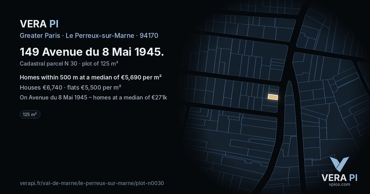 149 Avenue du 8 Mai 1945, Le Perreux-sur-Marne at night – the plot lit, the parcels around coloured by the prices near them
