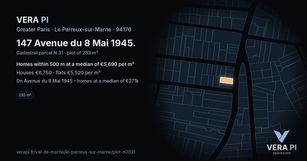 147 Avenue du 8 Mai 1945, Le Perreux-sur-Marne at night – the plot lit, the parcels around coloured by the prices near them