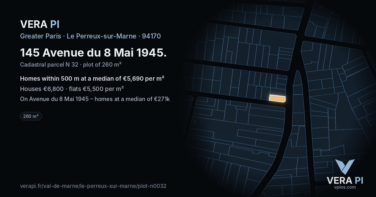 145 Avenue du 8 Mai 1945, Le Perreux-sur-Marne at night – the plot lit, the parcels around coloured by the prices near them
