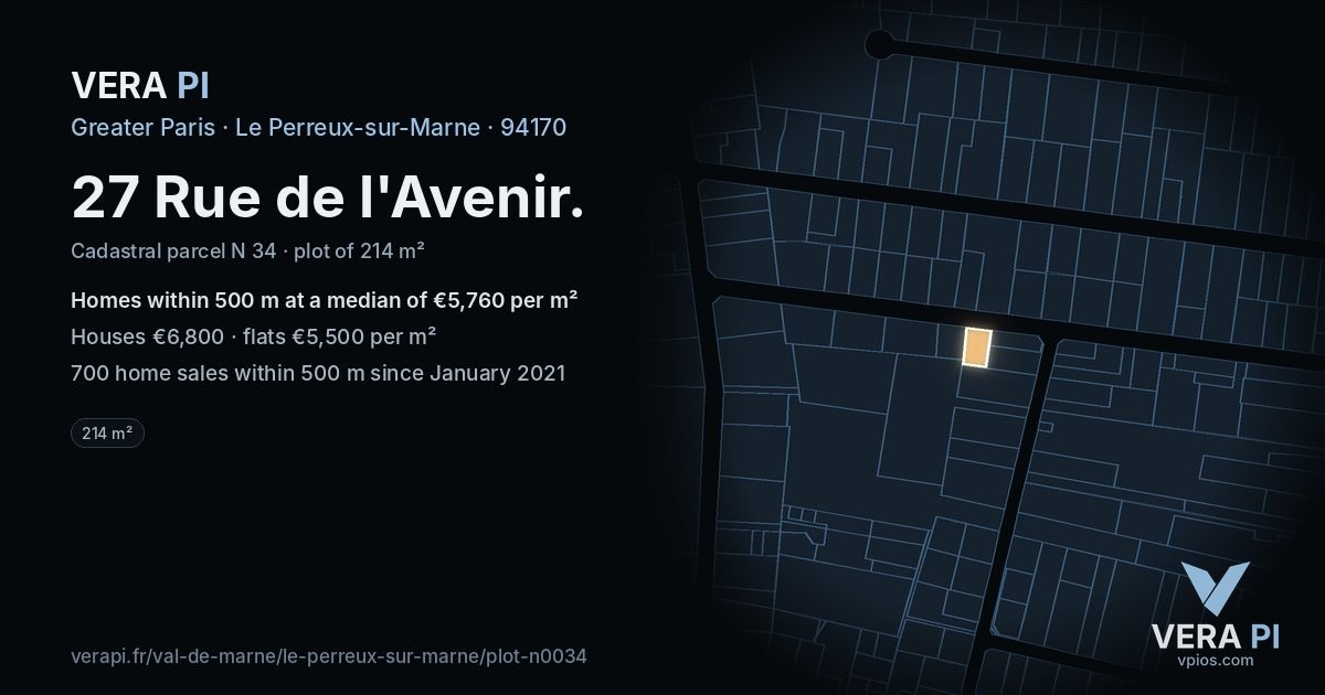 27 Rue de l'Avenir, Le Perreux-sur-Marne at night – the plot lit, the parcels around coloured by the prices near them