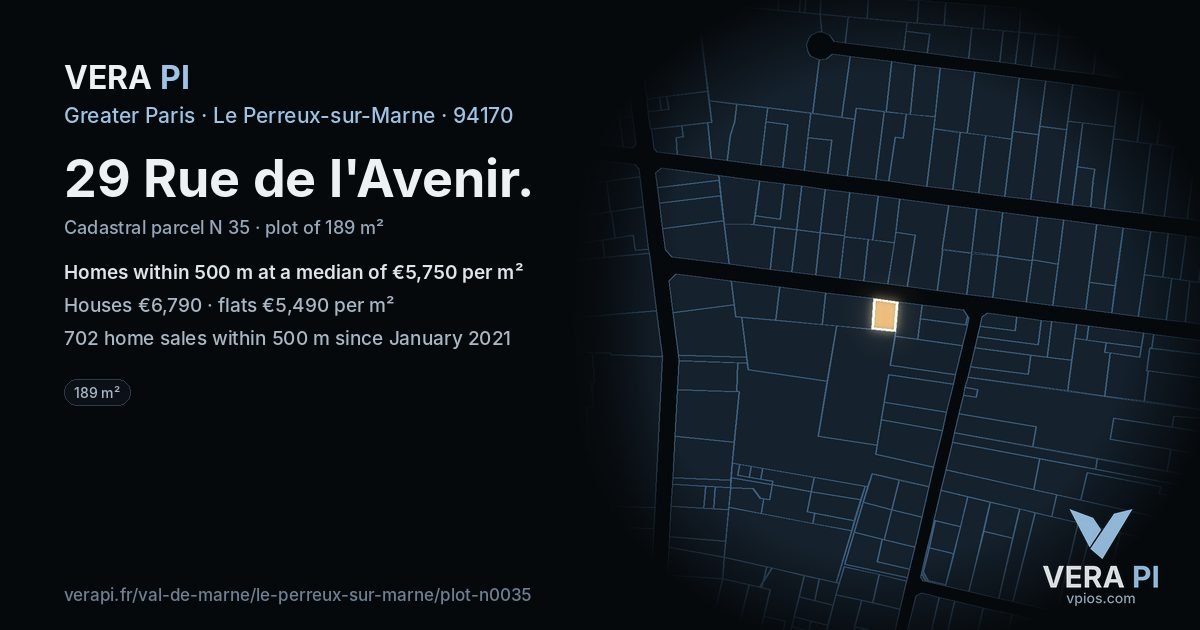 29 Rue de l'Avenir, Le Perreux-sur-Marne at night – the plot lit, the parcels around coloured by the prices near them