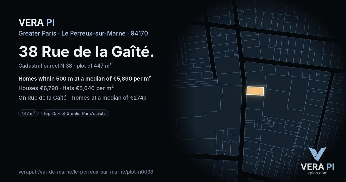38 Rue de la Gaîté, Le Perreux-sur-Marne at night – the plot lit, the parcels around coloured by the prices near them