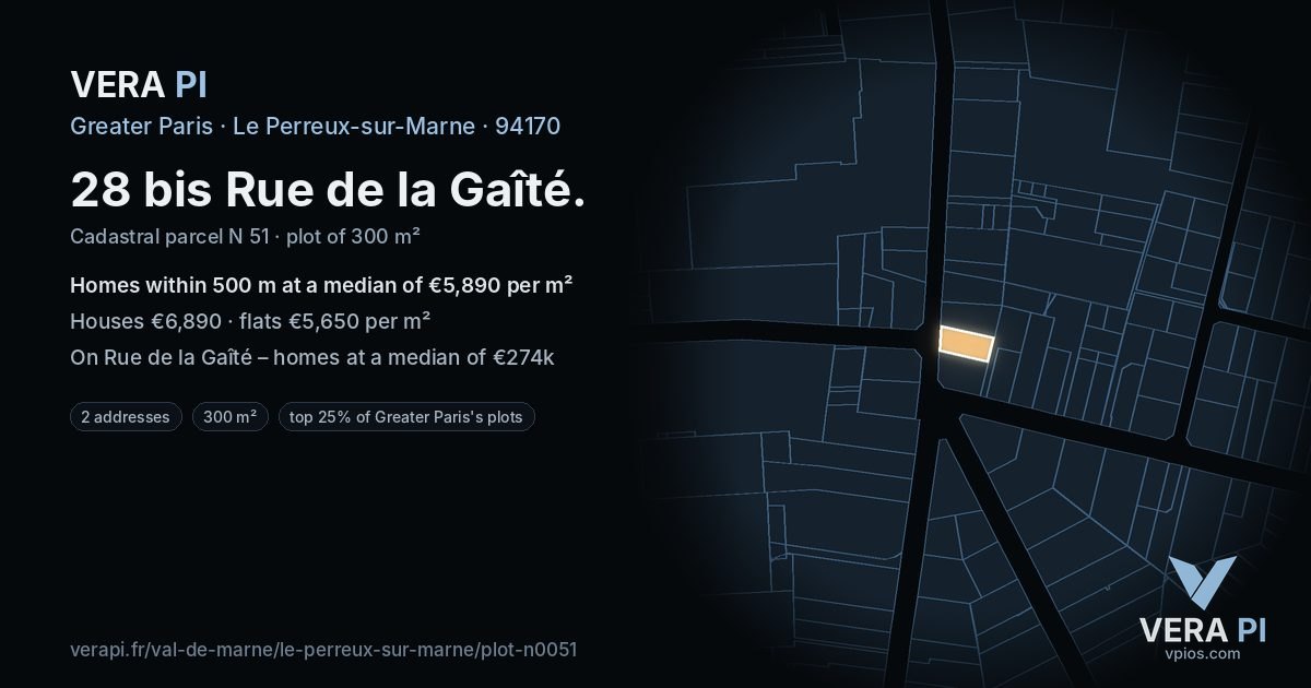 28 bis Rue de la Gaîté, Le Perreux-sur-Marne at night – the plot lit, the parcels around coloured by the prices near them