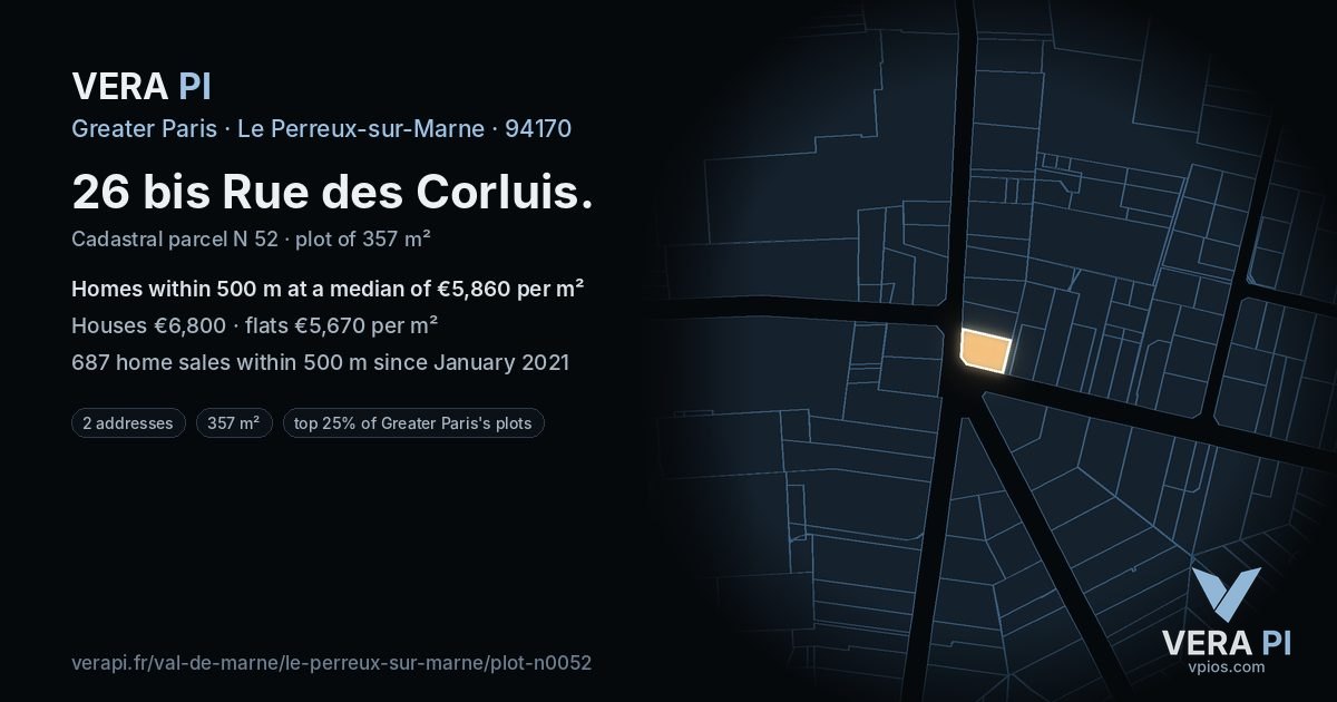 26 bis Rue des Corluis, Le Perreux-sur-Marne at night – the plot lit, the parcels around coloured by the prices near them