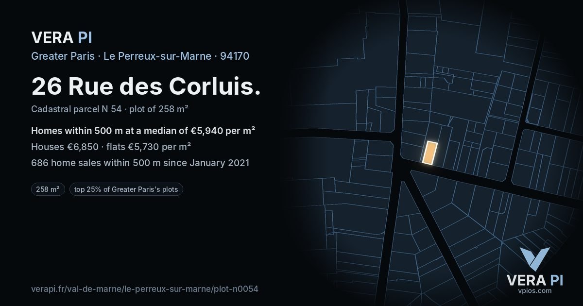 26 Rue des Corluis, Le Perreux-sur-Marne at night – the plot lit, the parcels around coloured by the prices near them