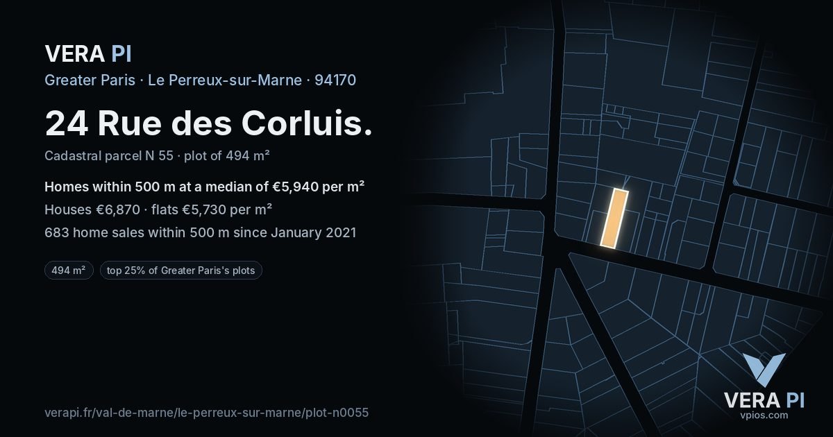 24 Rue des Corluis, Le Perreux-sur-Marne at night – the plot lit, the parcels around coloured by the prices near them