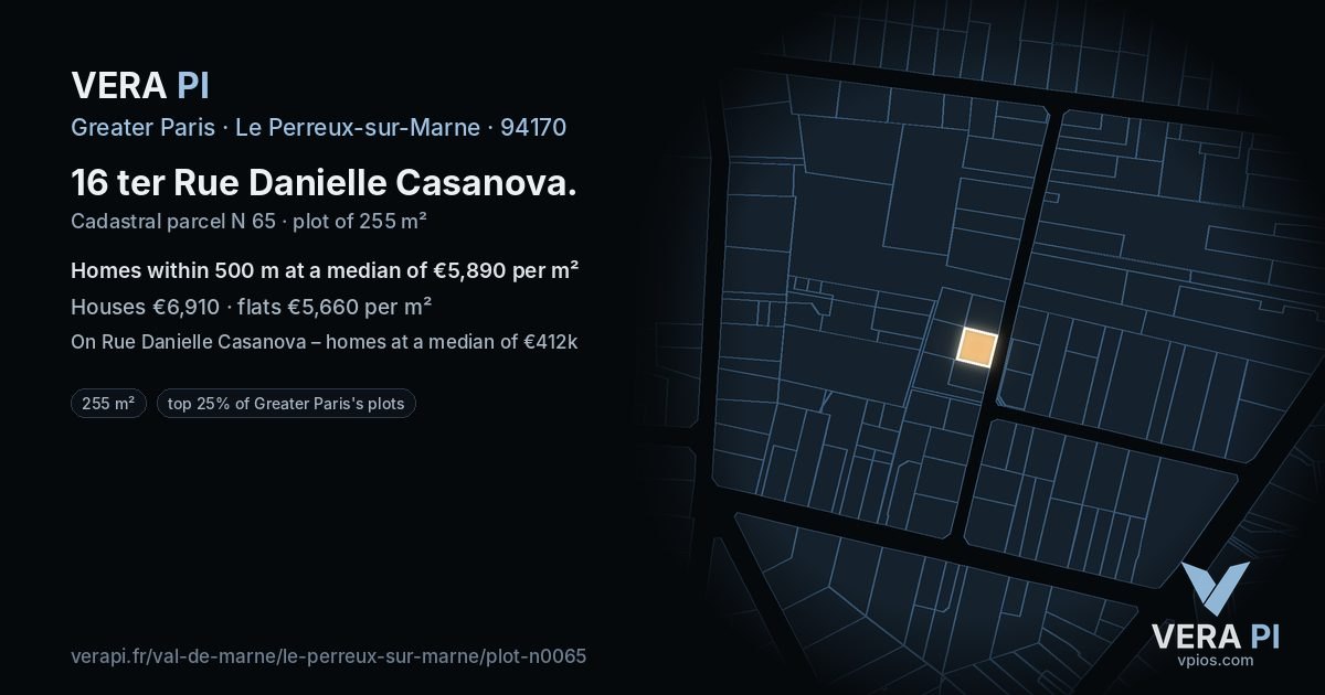 16 ter Rue Danielle Casanova, Le Perreux-sur-Marne at night – the plot lit, the parcels around coloured by the prices near them