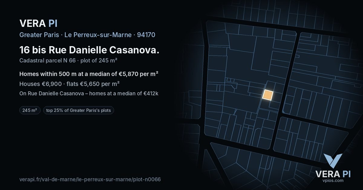 16 bis Rue Danielle Casanova, Le Perreux-sur-Marne at night – the plot lit, the parcels around coloured by the prices near them