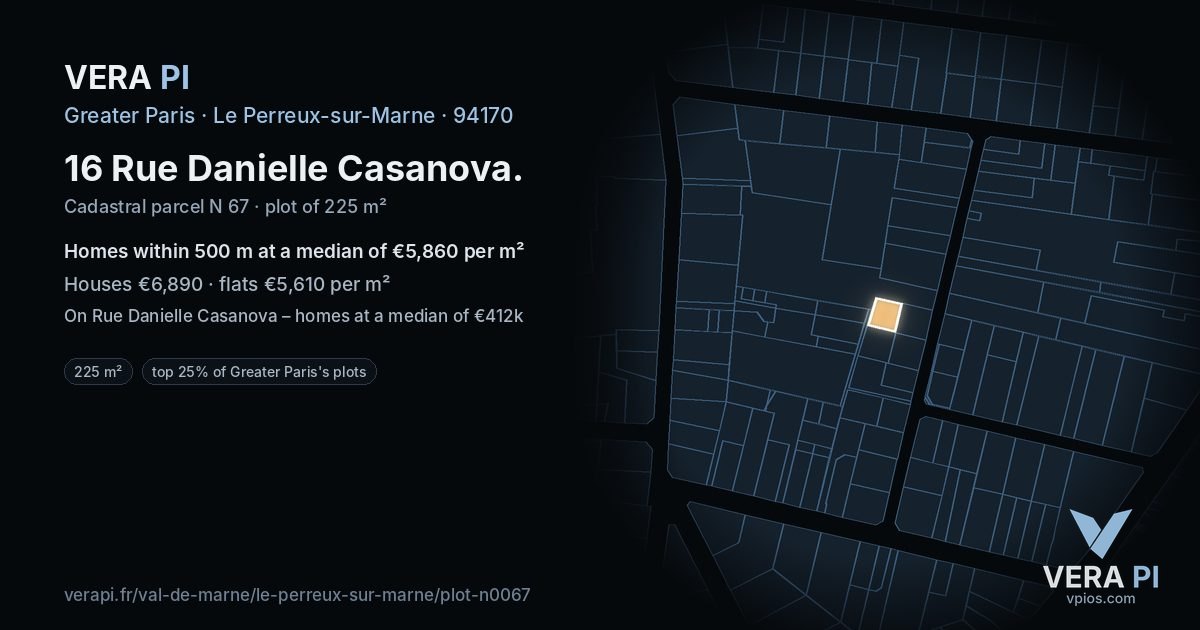 16 Rue Danielle Casanova, Le Perreux-sur-Marne at night – the plot lit, the parcels around coloured by the prices near them