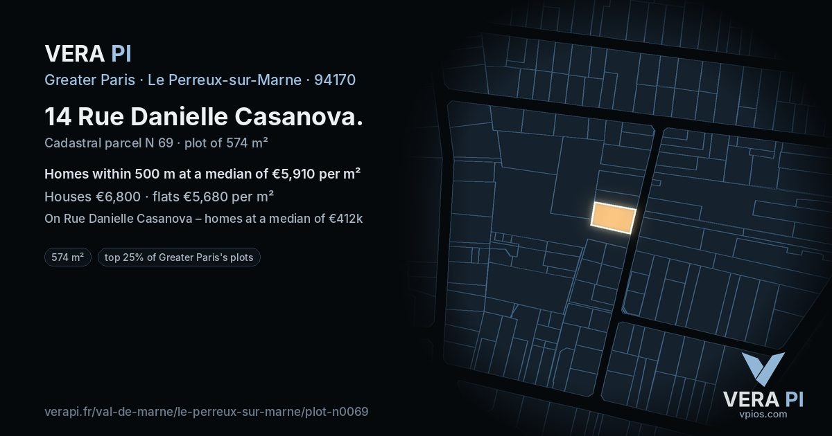 14 Rue Danielle Casanova, Le Perreux-sur-Marne at night – the plot lit, the parcels around coloured by the prices near them