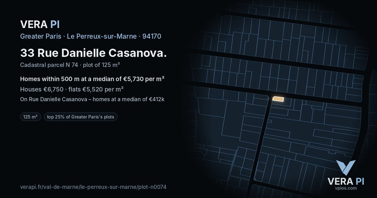 33 Rue Danielle Casanova, Le Perreux-sur-Marne at night – the plot lit, the parcels around coloured by the prices near them