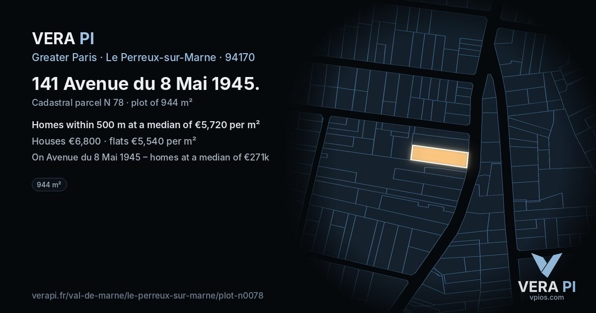 141 Avenue du 8 Mai 1945, Le Perreux-sur-Marne at night – the plot lit, the parcels around coloured by the prices near them