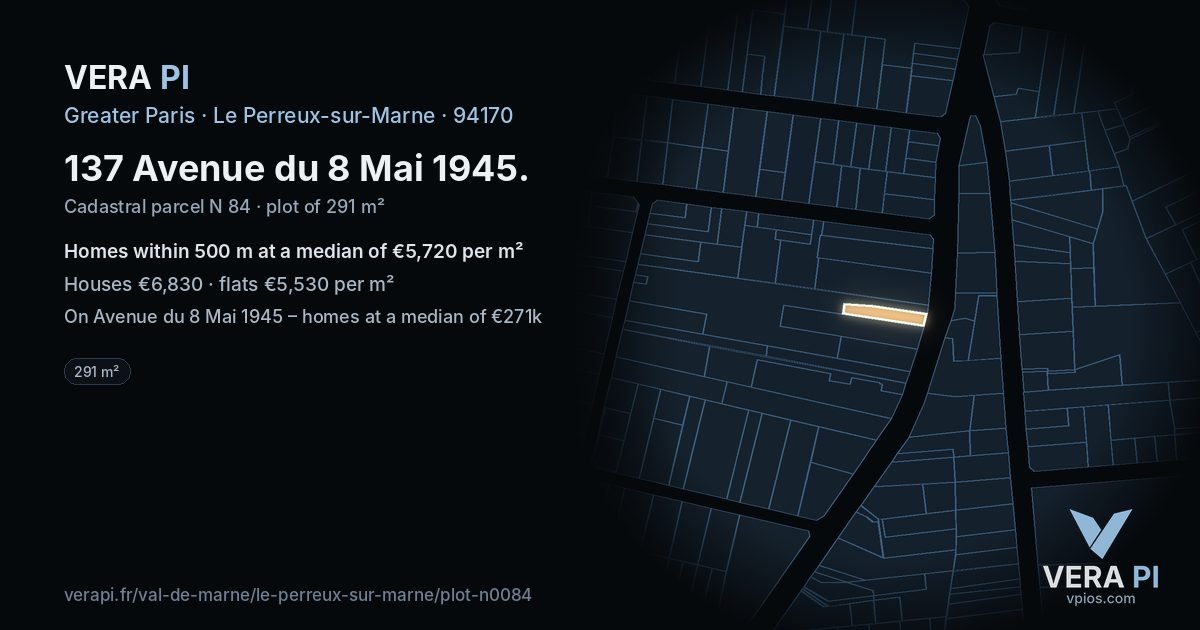137 Avenue du 8 Mai 1945, Le Perreux-sur-Marne at night – the plot lit, the parcels around coloured by the prices near them