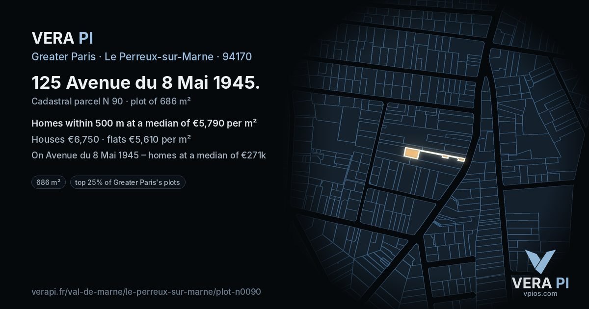 125 Avenue du 8 Mai 1945, Le Perreux-sur-Marne at night – the plot lit, the parcels around coloured by the prices near them