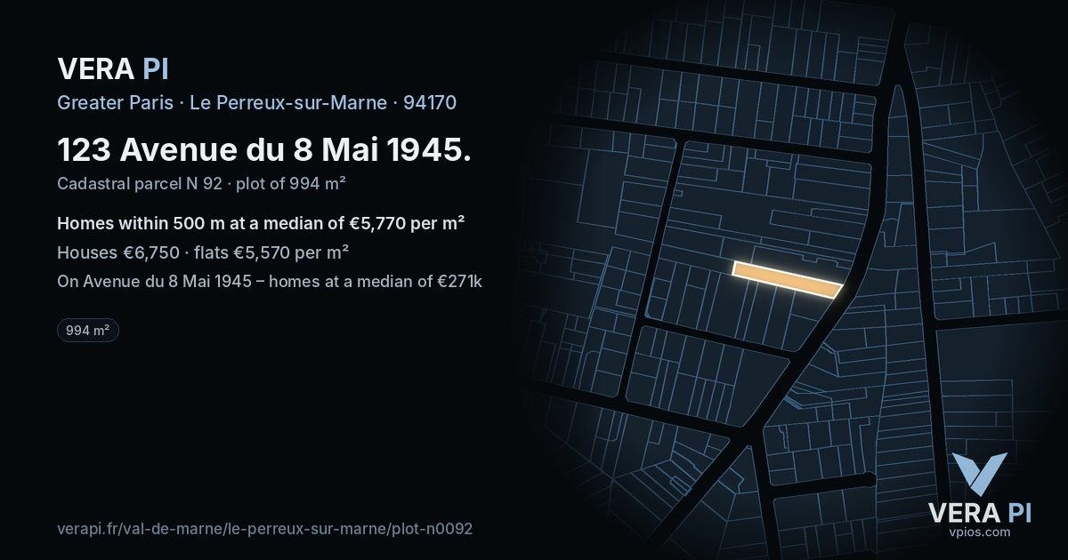 123 Avenue du 8 Mai 1945, Le Perreux-sur-Marne at night – the plot lit, the parcels around coloured by the prices near them