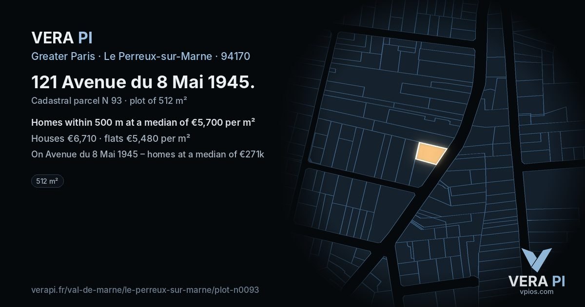 121 Avenue du 8 Mai 1945, Le Perreux-sur-Marne at night – the plot lit, the parcels around coloured by the prices near them