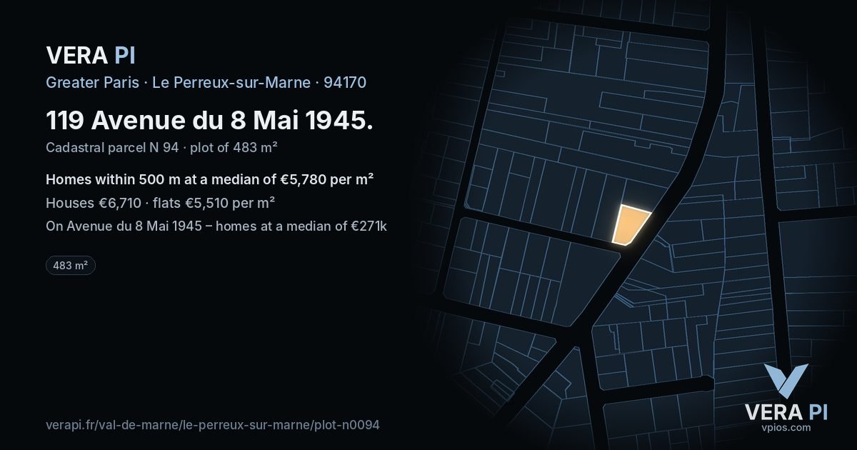 119 Avenue du 8 Mai 1945, Le Perreux-sur-Marne at night – the plot lit, the parcels around coloured by the prices near them