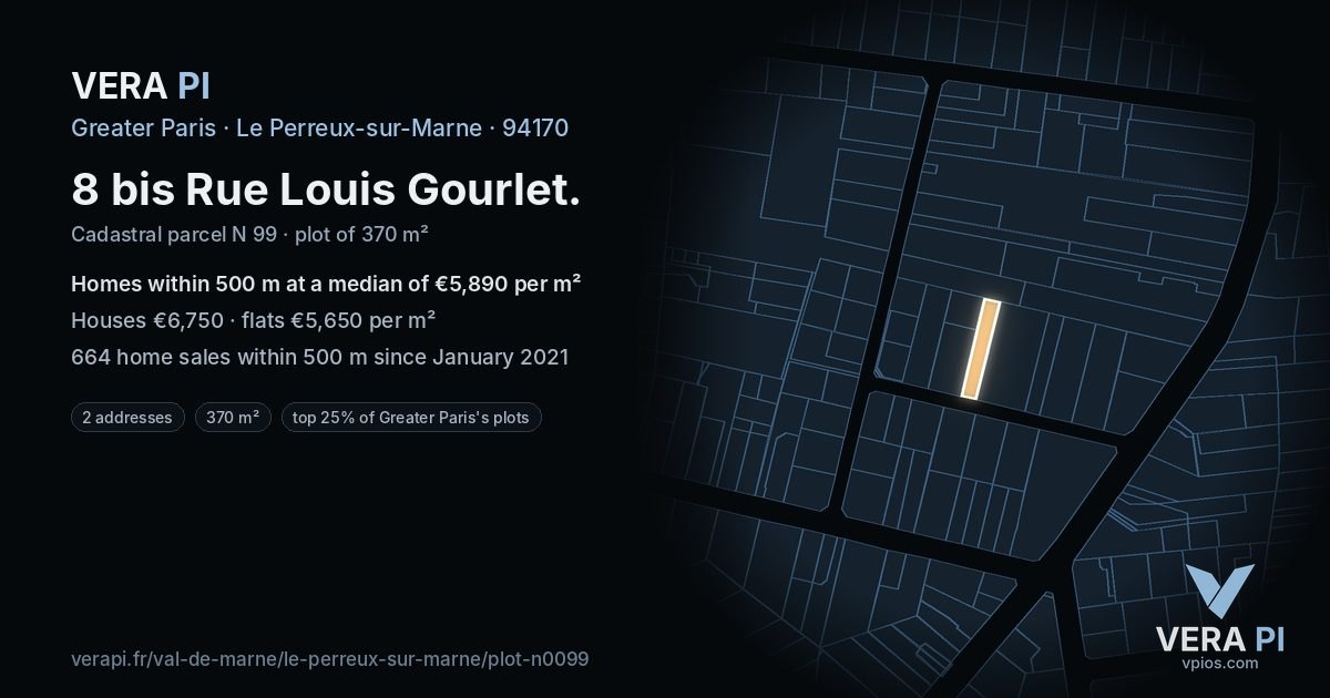 8 bis Rue Louis Gourlet, Le Perreux-sur-Marne at night – the plot lit, the parcels around coloured by the prices near them