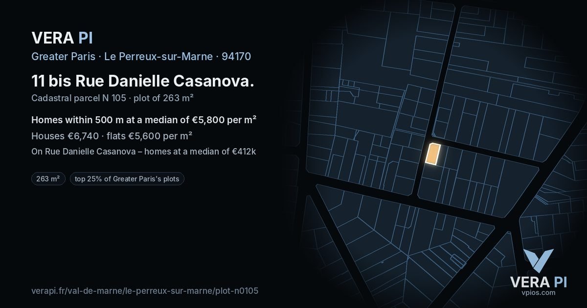11 bis Rue Danielle Casanova, Le Perreux-sur-Marne at night – the plot lit, the parcels around coloured by the prices near them