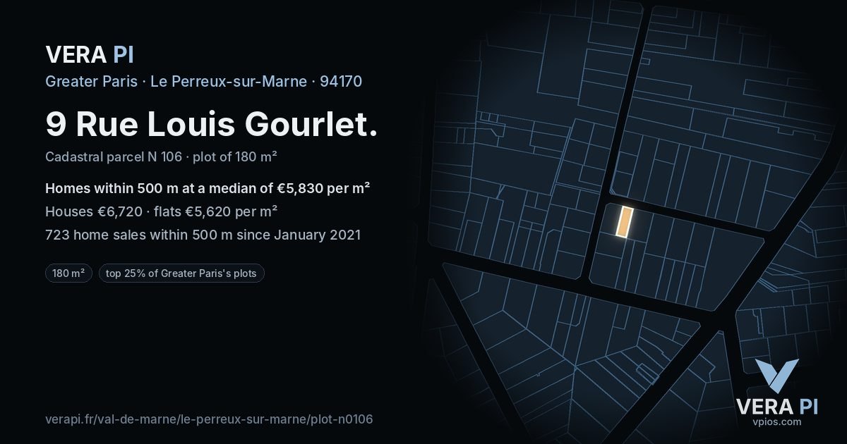 9 Rue Louis Gourlet, Le Perreux-sur-Marne at night – the plot lit, the parcels around coloured by the prices near them