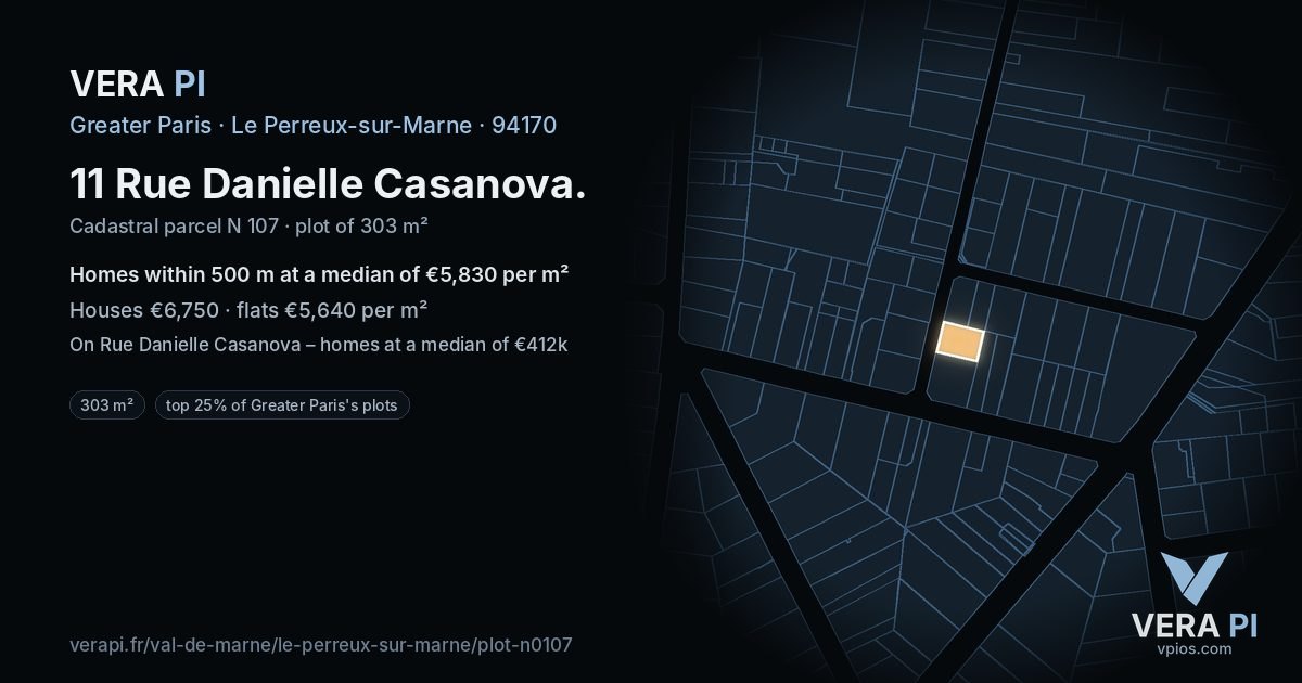 11 Rue Danielle Casanova, Le Perreux-sur-Marne at night – the plot lit, the parcels around coloured by the prices near them