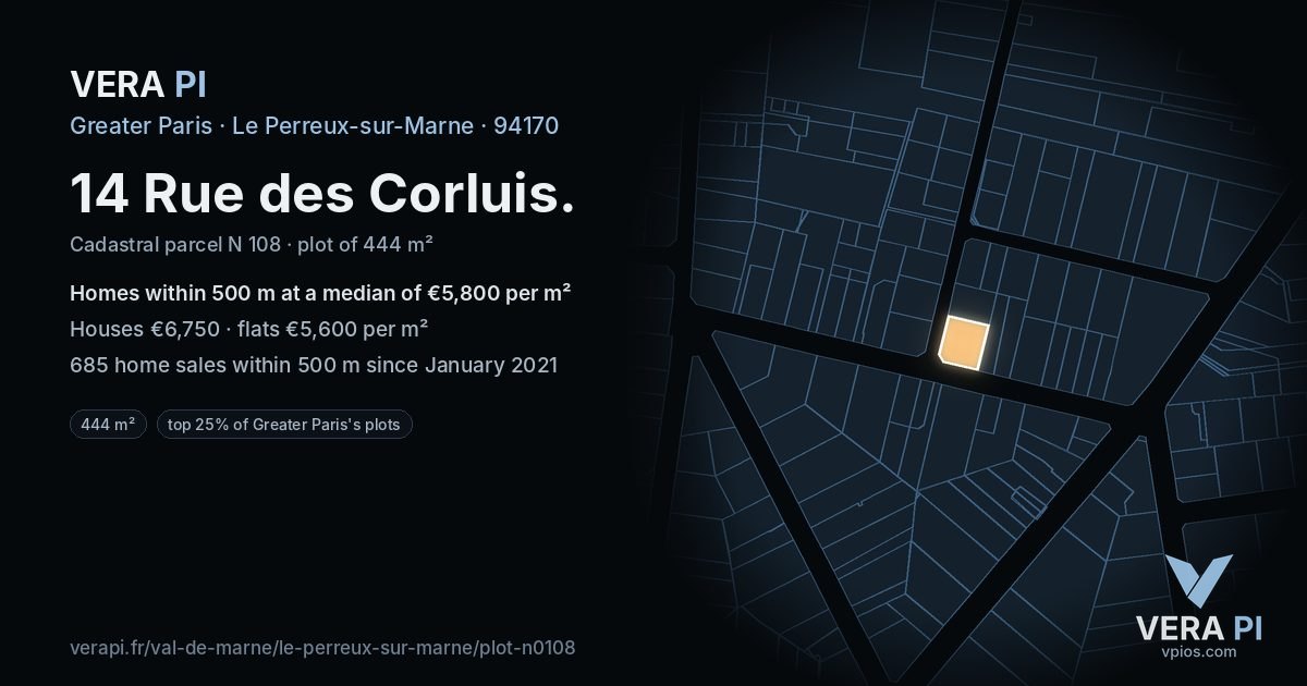 14 Rue des Corluis, Le Perreux-sur-Marne at night – the plot lit, the parcels around coloured by the prices near them