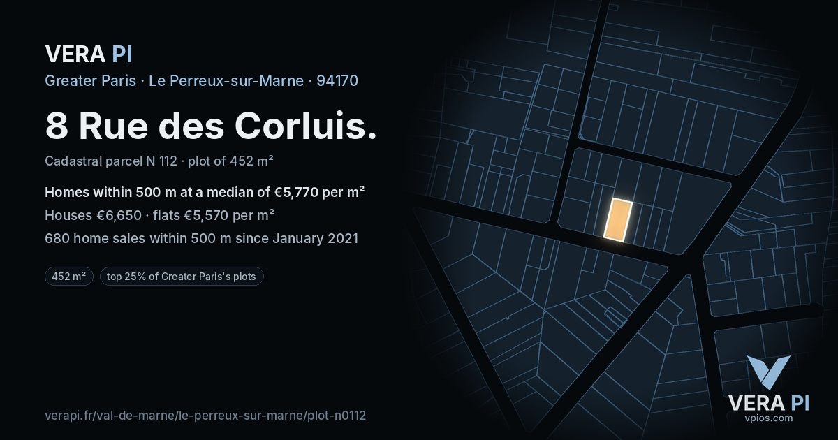 8 Rue des Corluis, Le Perreux-sur-Marne at night – the plot lit, the parcels around coloured by the prices near them